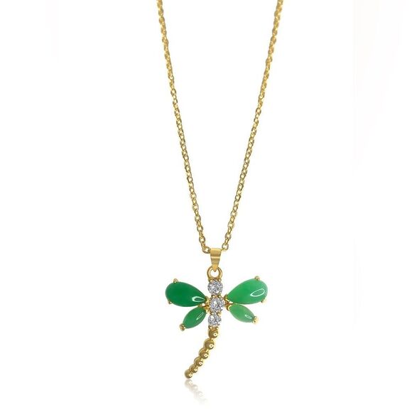 NWOT Dragon Fly Imperial Jade & Cubic Zirconia Gold Plated Necklace. - Picture 1 of 7